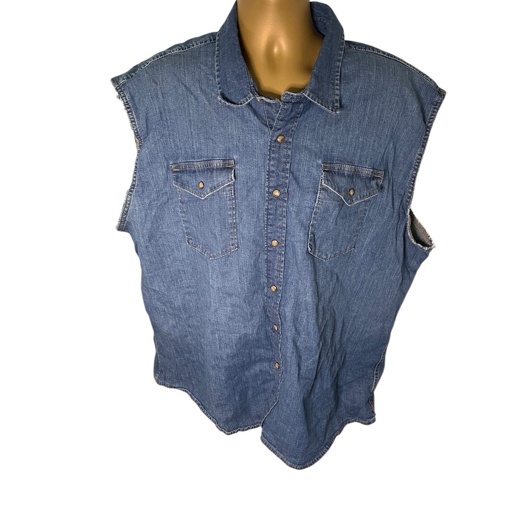 Upcycled Wrangler Slim Fit Denim Shirt Raw Edge Sleeveless Snap Front Indigo 2XL